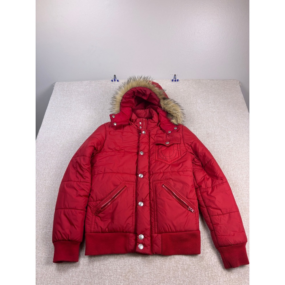 True Religion Mens Red Puffer Jacket Faux Fur Hood MHJNZ93K2 Medium Large